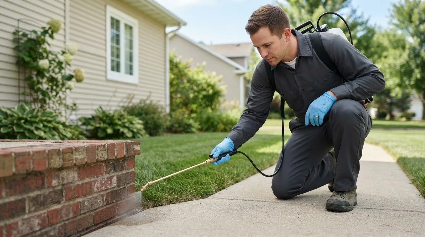 Pest control technician treating a home near Stanton, ND