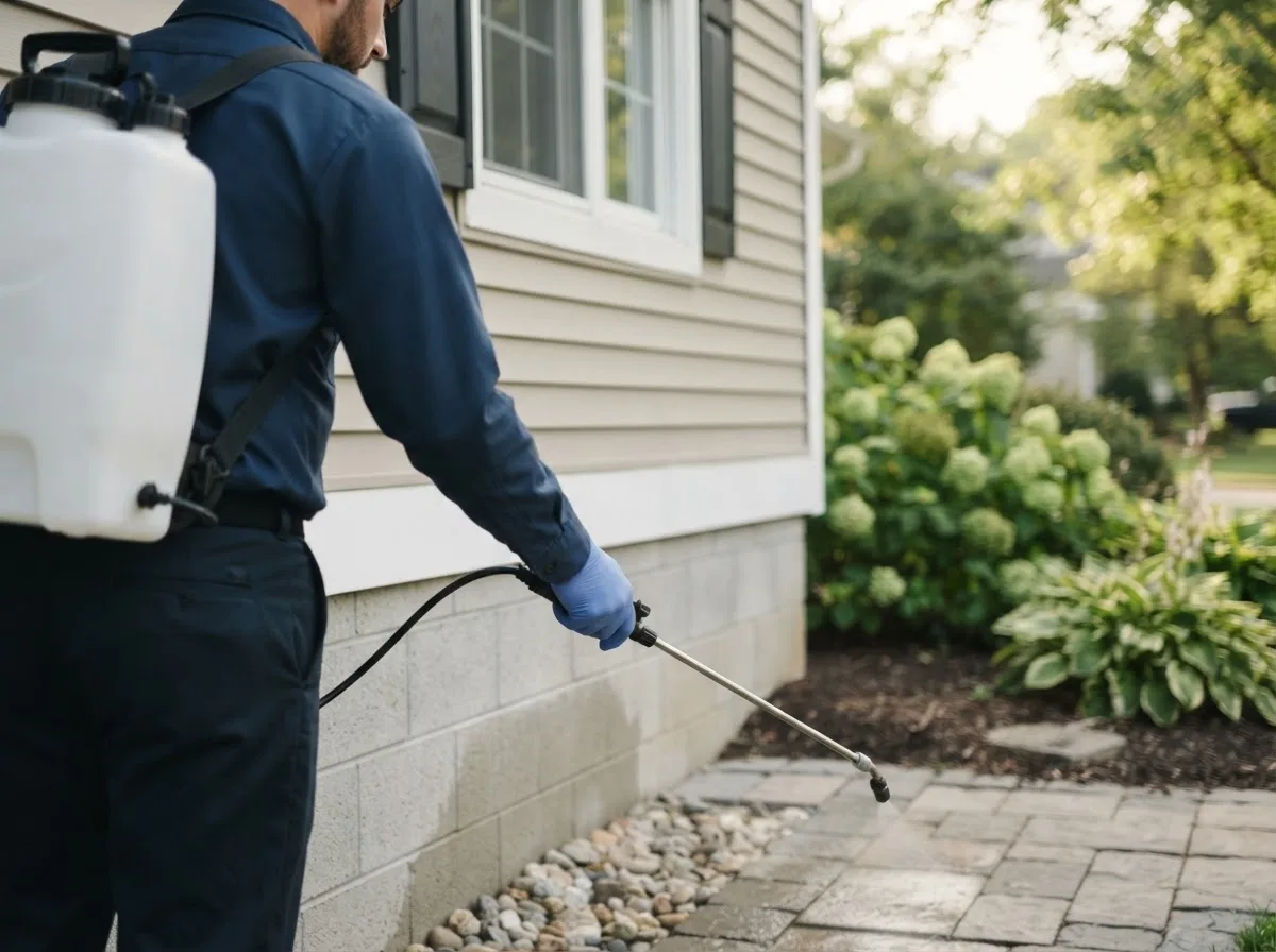 Pest control technician inspecting a home in Stanton, ND